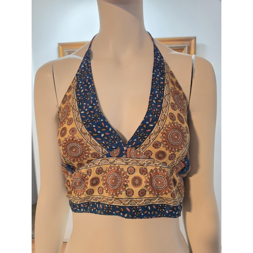 Boho Blue Silk Blend Mandala Halter Crop Top Tassel Tie Backless Festival OS